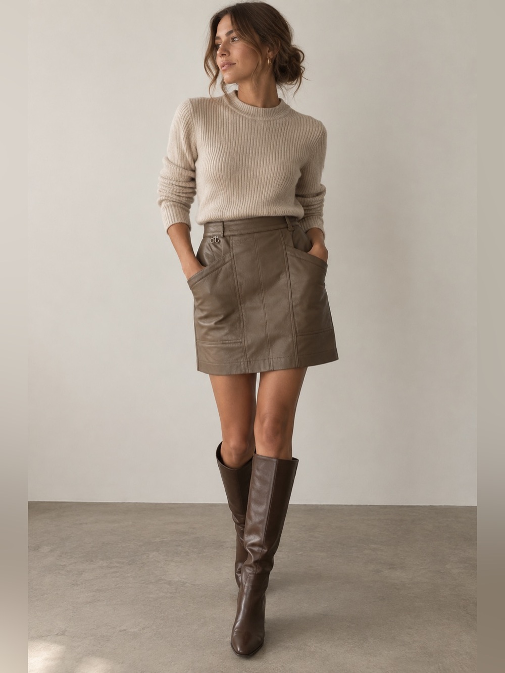 Vintage W. Dieter Genuine Leather Taupe Mini Skirt Made in Germany Sz 38